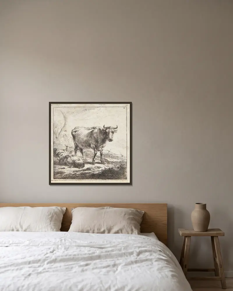 Stående ko och liggande getter och får av Nicolaes Pietersz. Berchem inramad på en vägg
