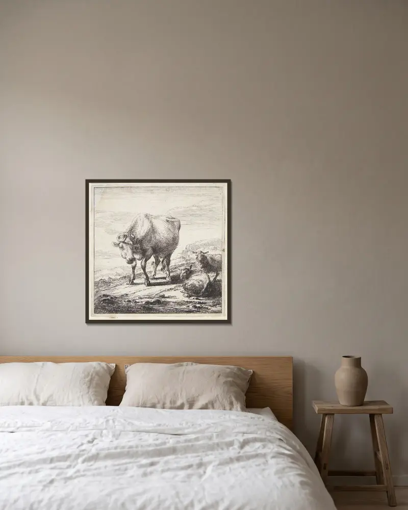 Stående ko och två liggande får av Nicolaes Pietersz. Berchem inramad på en vägg
