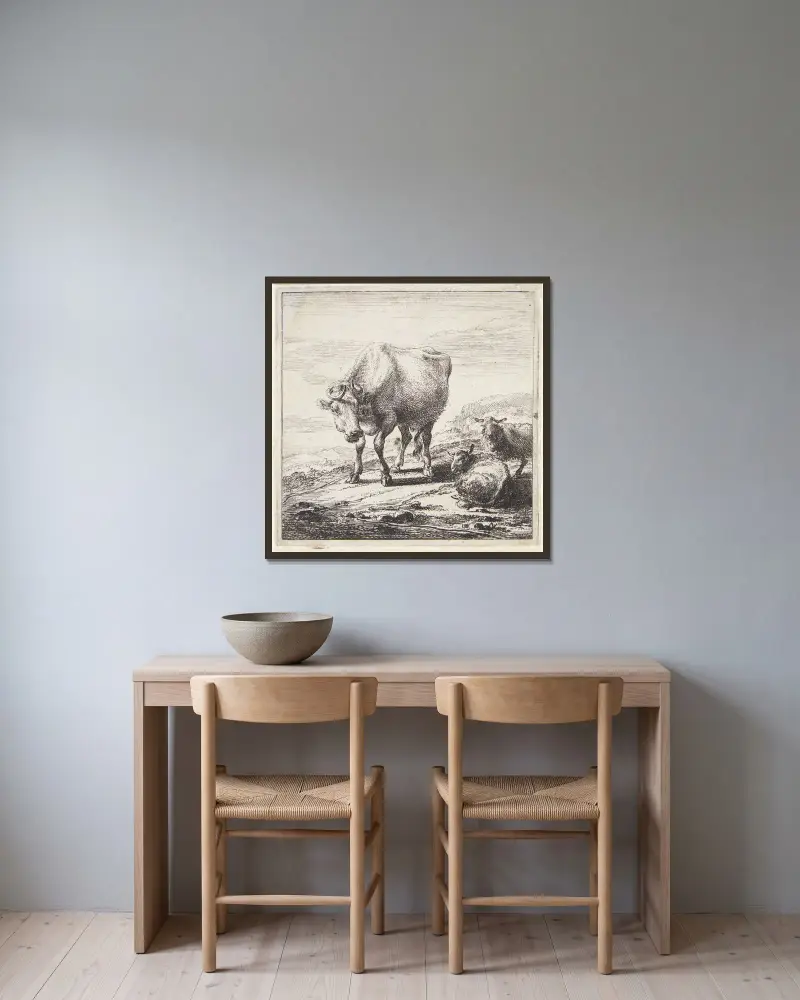 Stående ko och två liggande får av Nicolaes Pietersz. Berchem inramad på en vägg