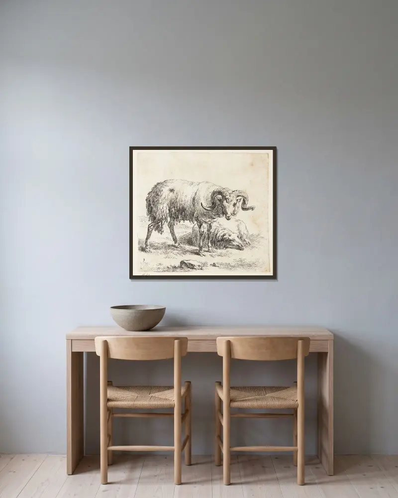 Stående bagge och liggande får 3 av Nicolaes Pietersz. Berchem inramad på en vägg
