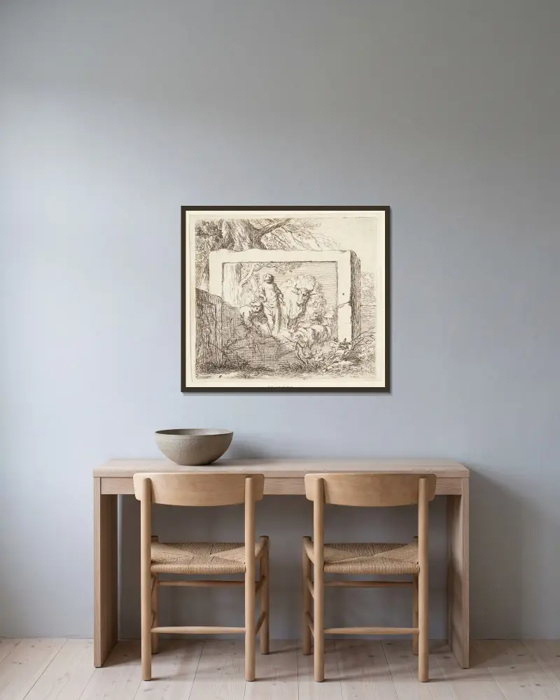 Stenblock med en relief föreställande en herde som häller vatten i ett tråg av Nicolaes Pietersz. Berchem inramad på en vägg