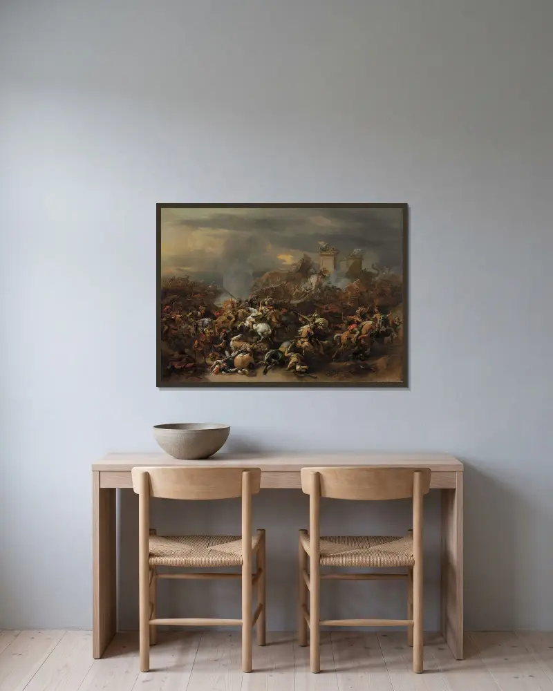 The Battle between Alexander and Porus av Nicolaes Pietersz. Berchem inramad på en vägg