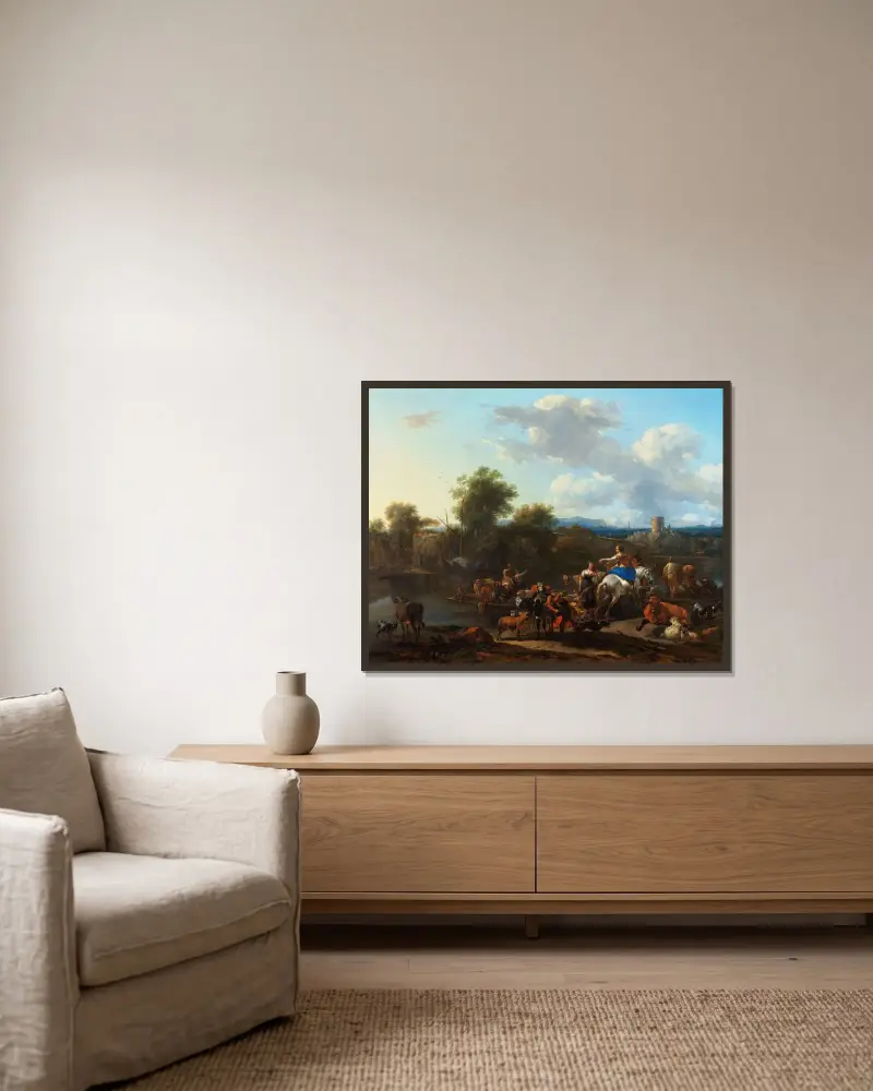 Färjningen av boskapen av Nicolaes Pietersz. Berchem inramad på en vägg