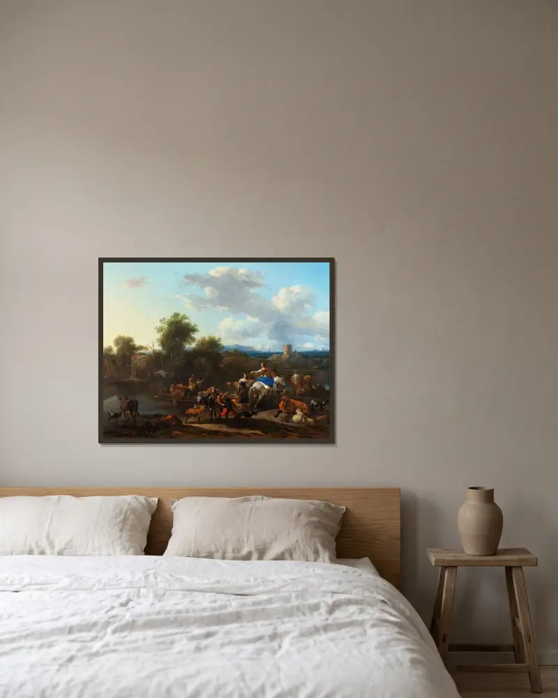 Färjningen av boskapen av Nicolaes Pietersz. Berchem inramad på en vägg