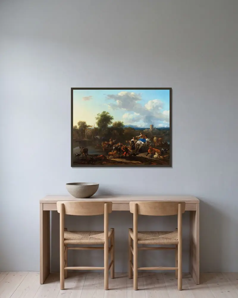 Färjningen av boskapen av Nicolaes Pietersz. Berchem inramad på en vägg