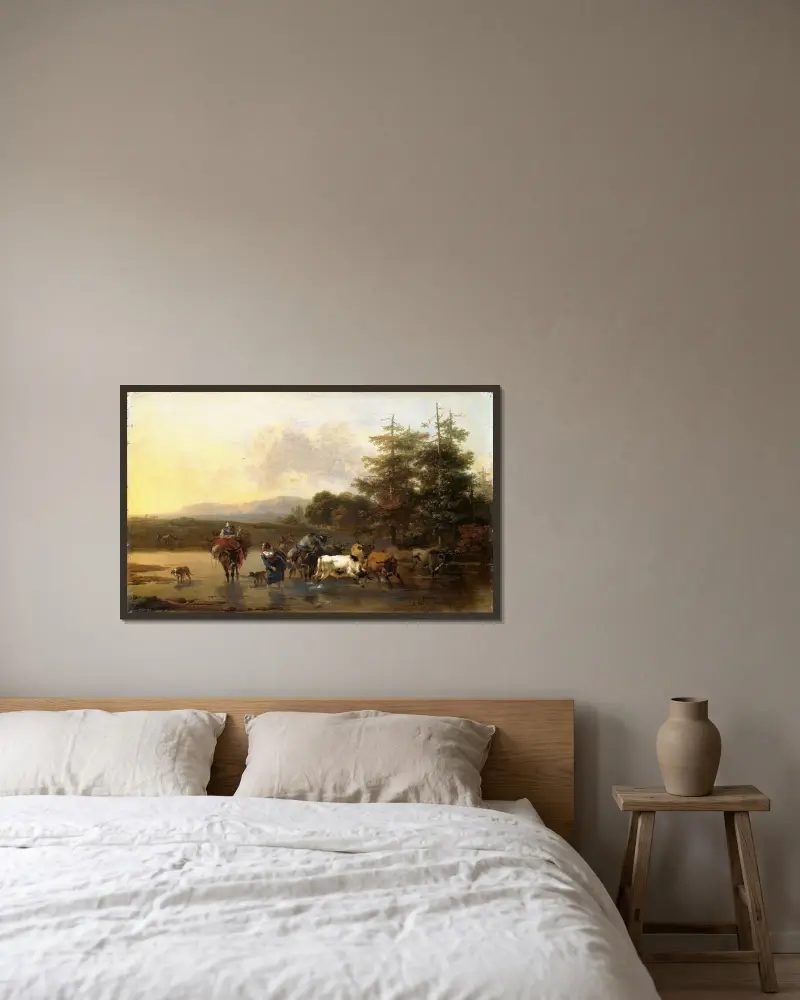 Boskapshjorden av Nicolaes Pietersz. Berchem inramad på en vägg
