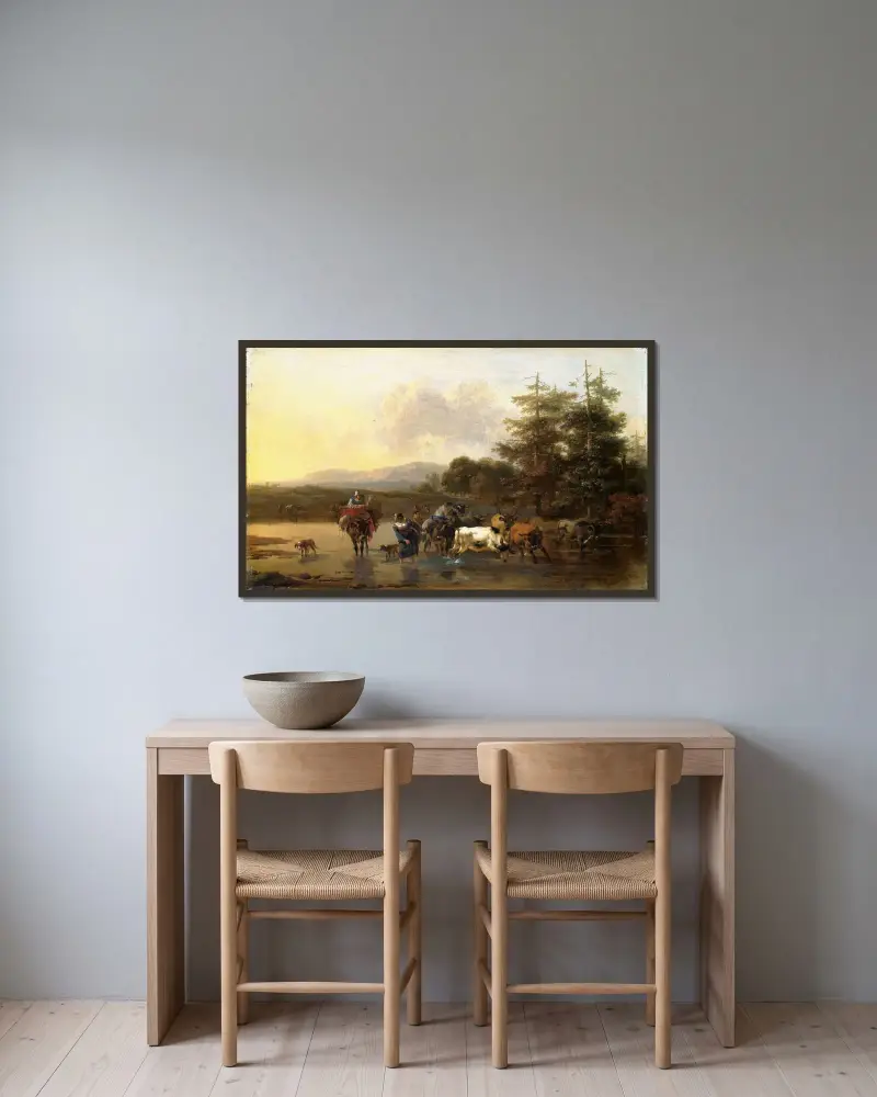 Boskapshjorden av Nicolaes Pietersz. Berchem inramad på en vägg