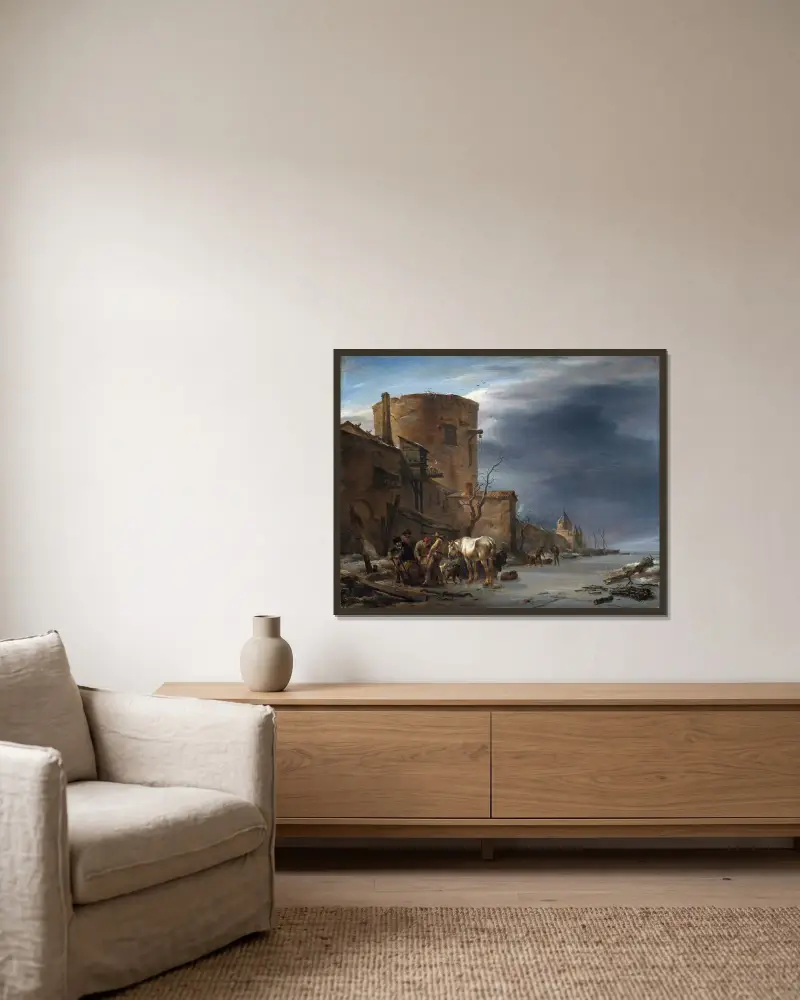 Die Stadtmauer von Haarlem im Winter von Nicolaes Pietersz. Berchem gerahmt an einer Wand