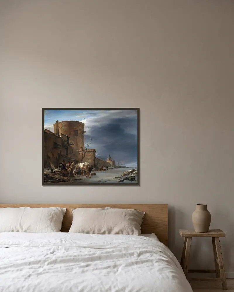 Die Stadtmauer von Haarlem im Winter von Nicolaes Pietersz. Berchem gerahmt an einer Wand