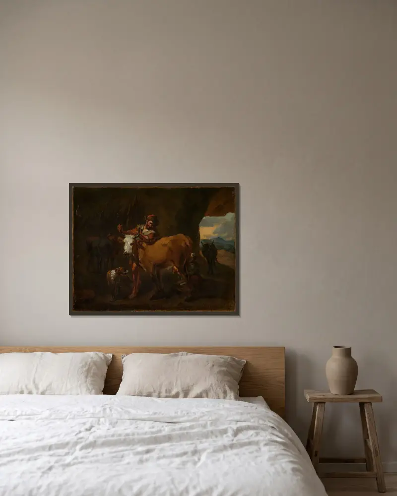 Kopigan (The cow milker) av Nicolaes Pietersz. Berchem inramad på en vägg