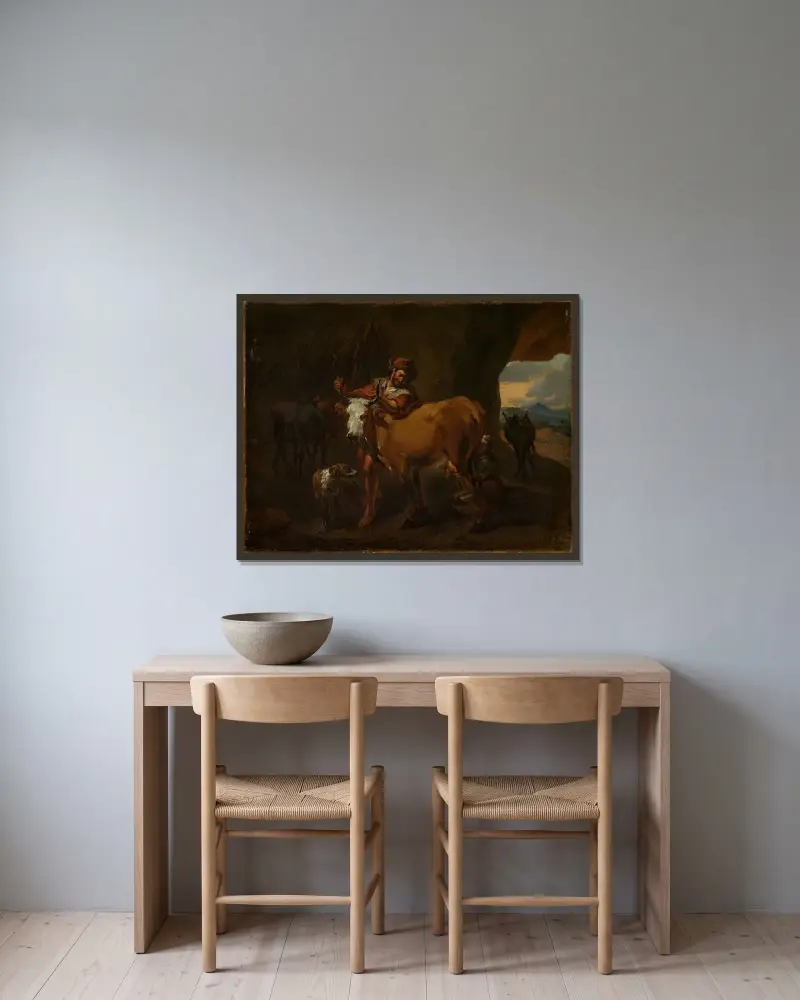 Kopigan (The cow milker) av Nicolaes Pietersz. Berchem inramad på en vägg