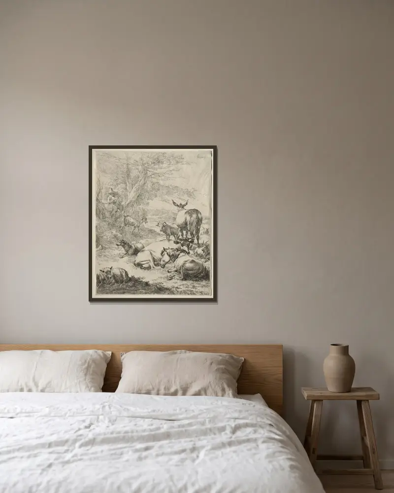 Trzoda w spoczynku, Nicolaes Pietersz. Berchem w ramie na ścianie