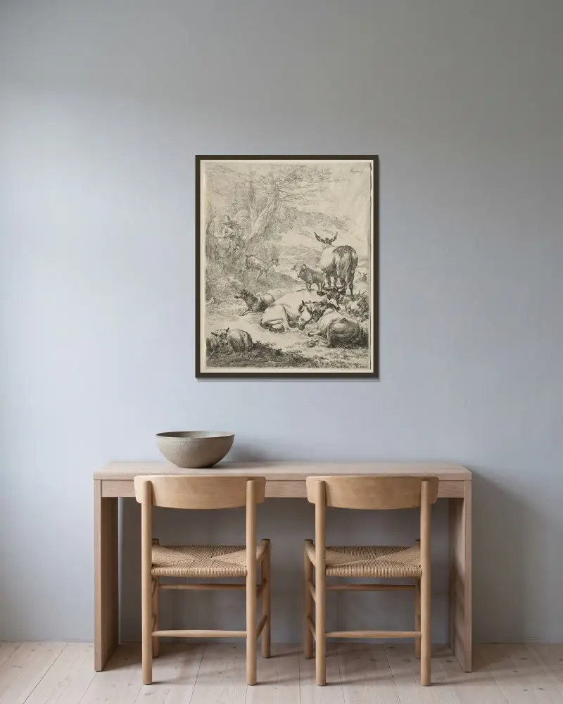 Trzoda w spoczynku, Nicolaes Pietersz. Berchem w ramie na ścianie