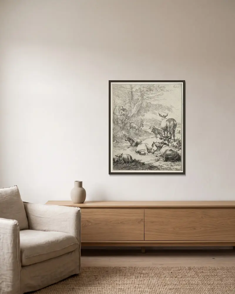 Hjorden i vila av Nicolaes Pietersz. Berchem inramad på en vägg