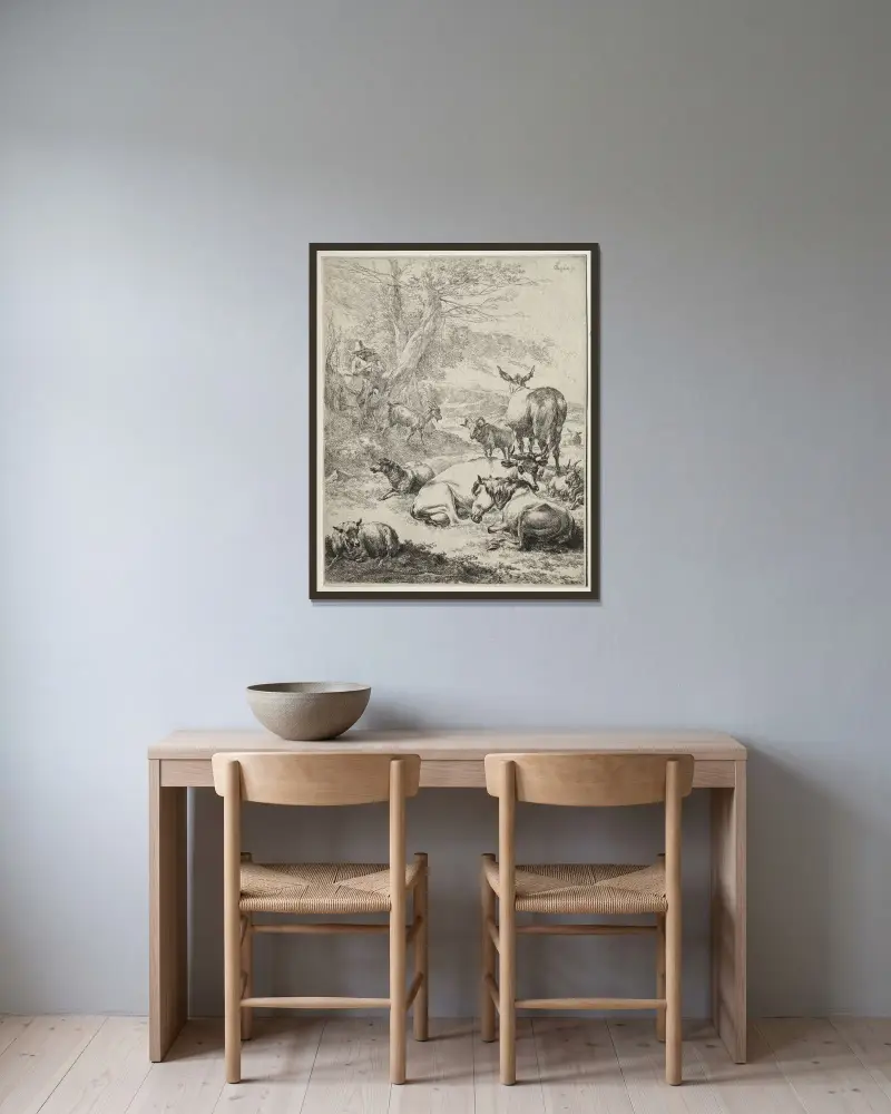 Hjorden i vila av Nicolaes Pietersz. Berchem inramad på en vägg