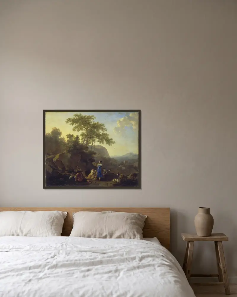 Den musikaliska herdeflickan av Nicolaes Pietersz. Berchem inramad på en vägg
