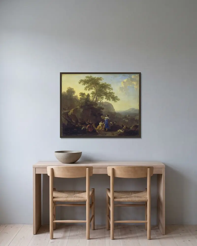 Den musikaliska herdeflickan av Nicolaes Pietersz. Berchem inramad på en vägg