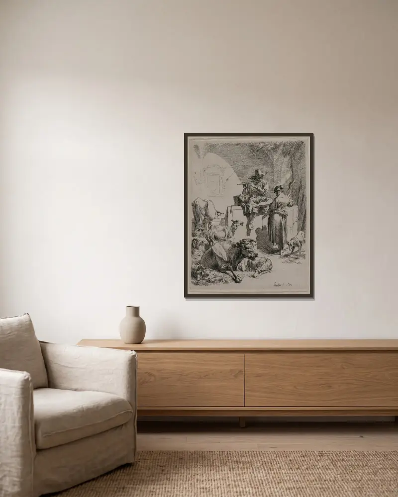 Der flötenspielende Hirt von Nicolaes Pietersz. Berchem gerahmt an einer Wand