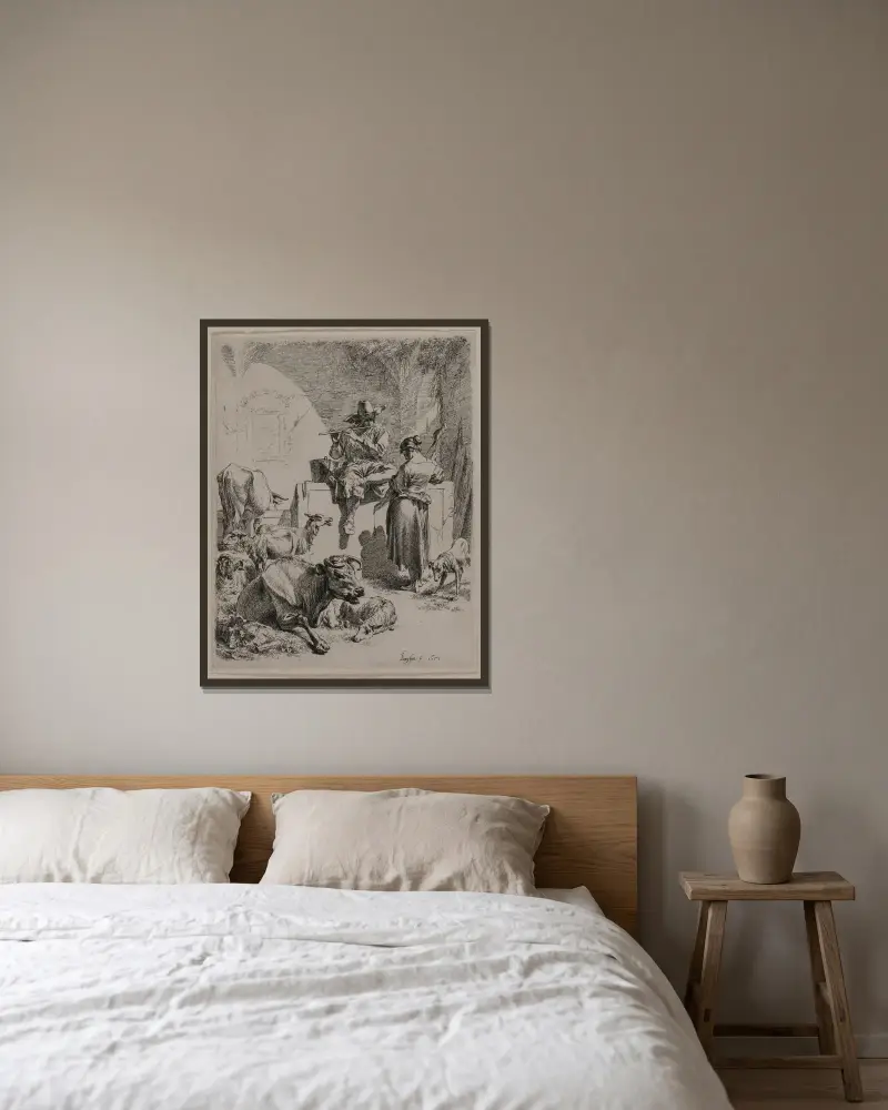 Der flötenspielende Hirt von Nicolaes Pietersz. Berchem gerahmt an einer Wand