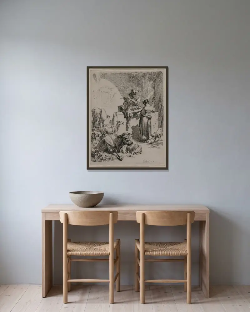 Der flötenspielende Hirt von Nicolaes Pietersz. Berchem gerahmt an einer Wand