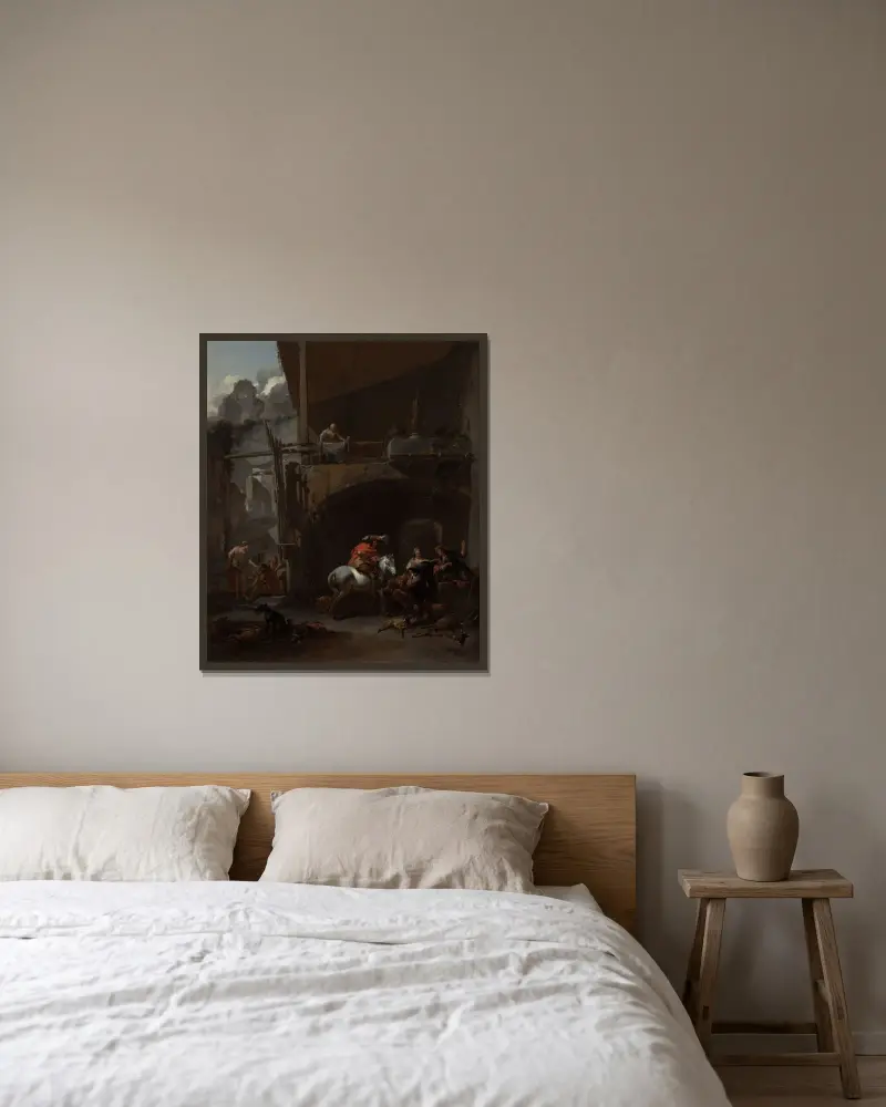 Återkomsten från jakten av Nicolaes Pietersz. Berchem inramad på en vägg