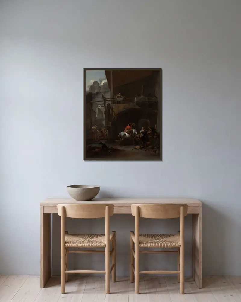 Återkomsten från jakten av Nicolaes Pietersz. Berchem inramad på en vägg