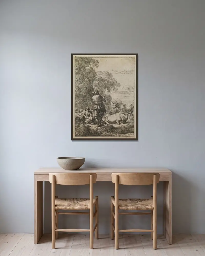 Herden som spelar flöjt av Nicolaes Pietersz. Berchem inramad på en vägg