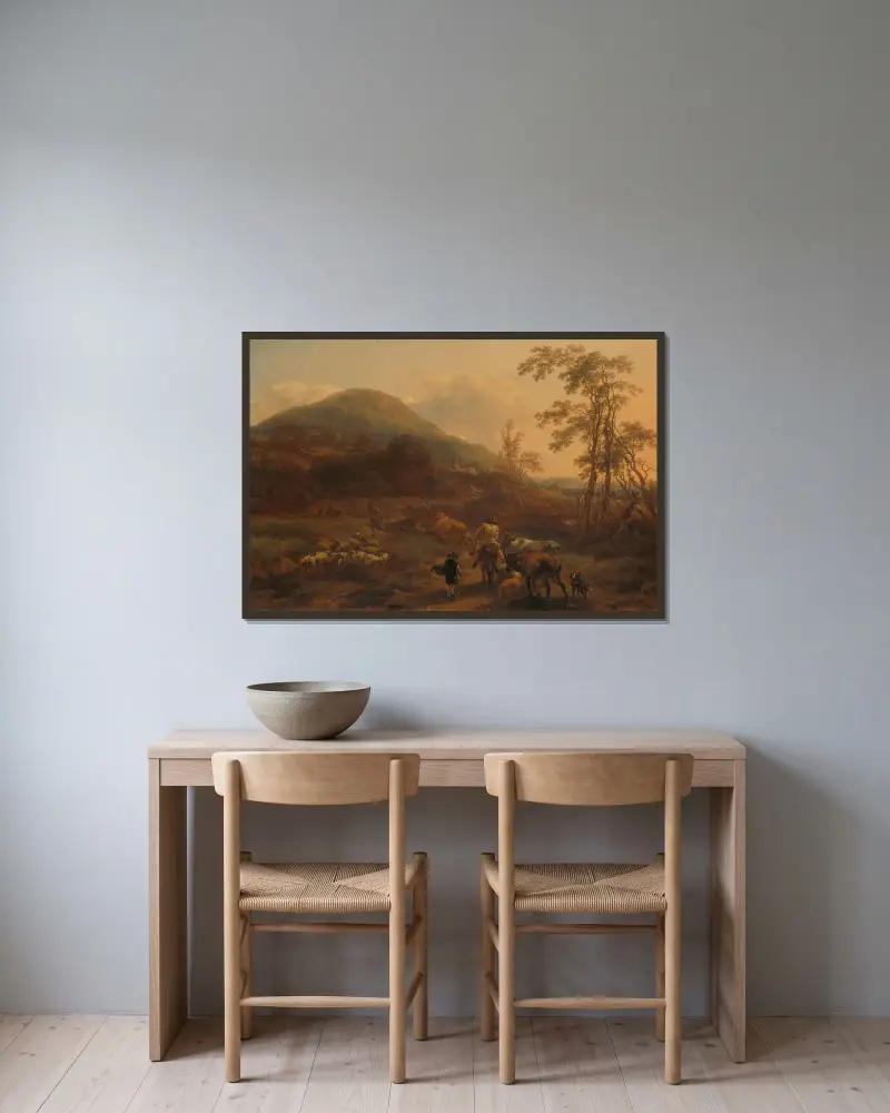 The Three Droves av Nicolaes Pietersz. Berchem inramad på en vägg