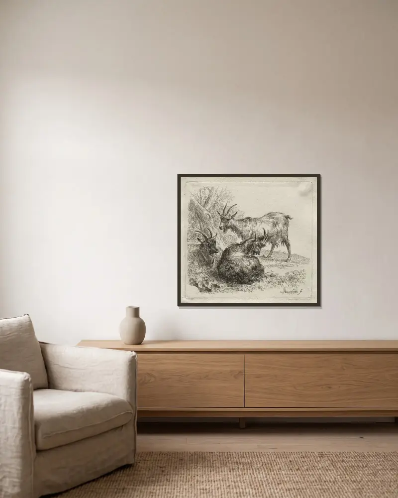 Drei Ziegen, 1635 – Nr. 3 von Nicolaes Pietersz. Berchem gerahmt an einer Wand