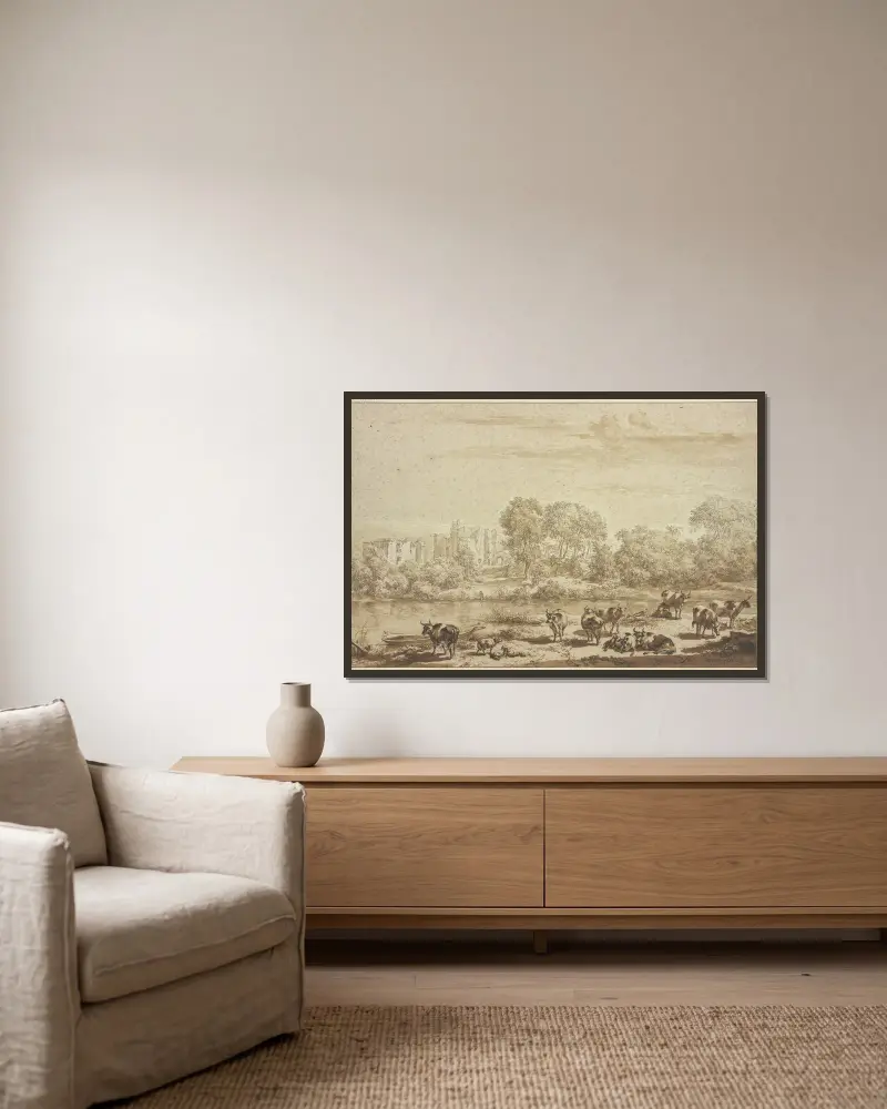 Dom T'Huys te Brederode, z przodu stado krów z mleczarką, Nicolaes Pietersz. Berchem w ramie na ścianie