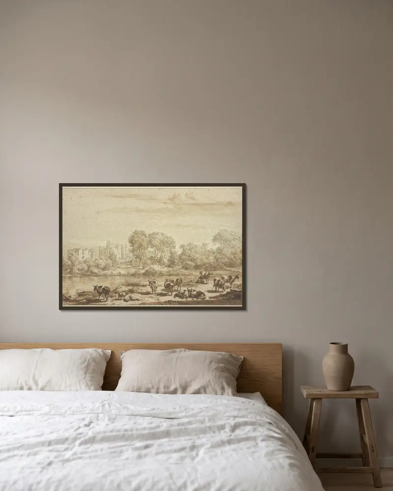 Dom T'Huys te Brederode, z przodu stado krów z mleczarką, Nicolaes Pietersz. Berchem w ramie na ścianie