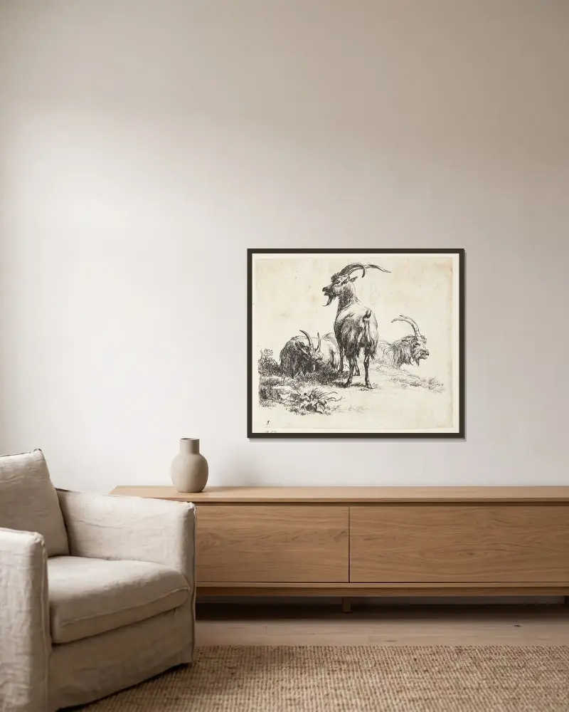 Tre geder av Nicolaes Pietersz. Berchem inramad på en vägg