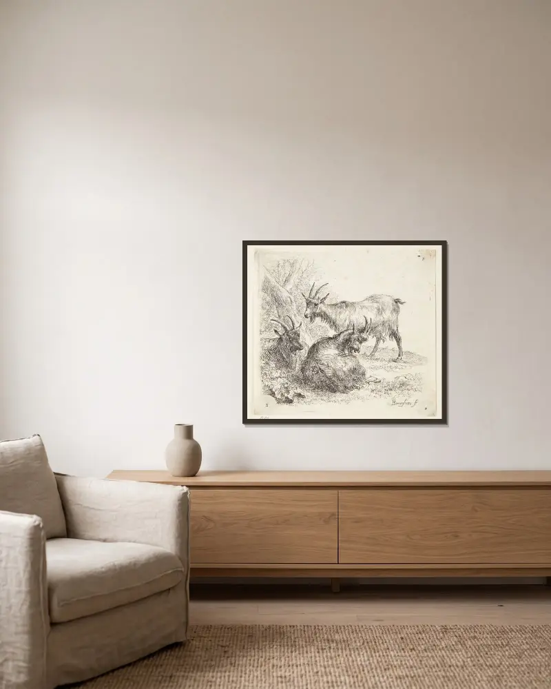 Drei Ziegen – Nr. 1 von Nicolaes Pietersz. Berchem gerahmt an einer Wand