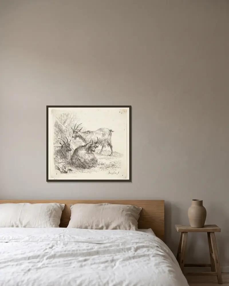 Drei Ziegen – Nr. 1 von Nicolaes Pietersz. Berchem gerahmt an einer Wand