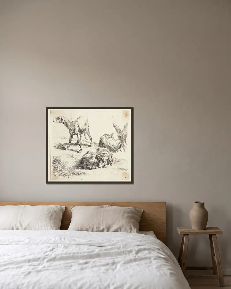 Trzy psy myśliwskie, Nicolaes Pietersz. Berchem w ramie na ścianie