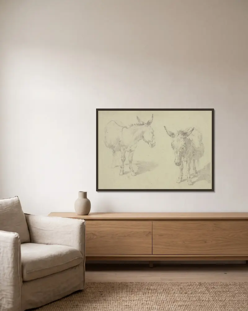 Zwei Esel von Nicolaes Pietersz. Berchem gerahmt an einer Wand