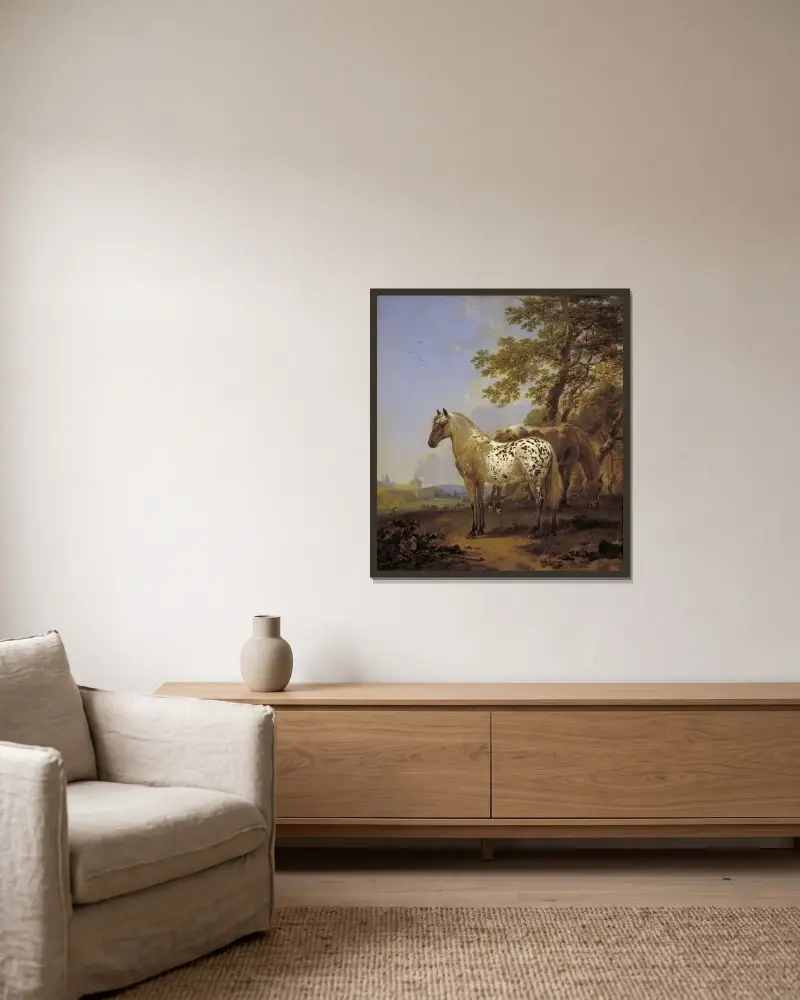 Två hästar i ett landskap av Nicolaes Pietersz. Berchem inramad på en vägg