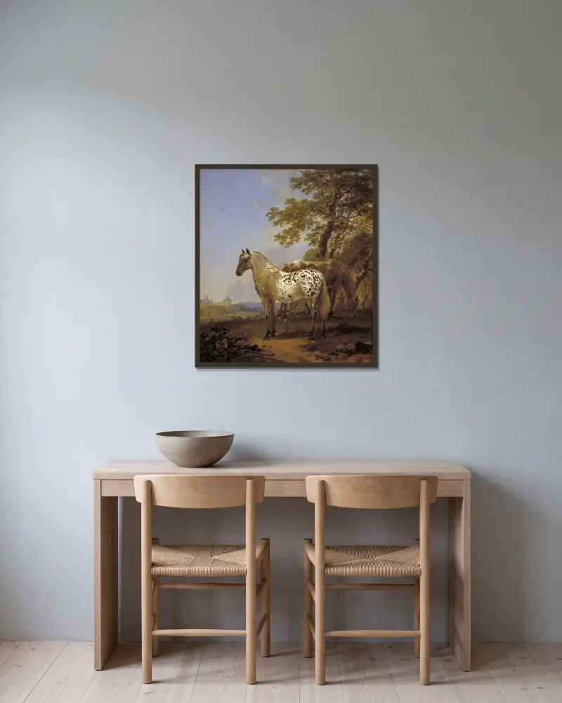Två hästar i ett landskap av Nicolaes Pietersz. Berchem inramad på en vägg