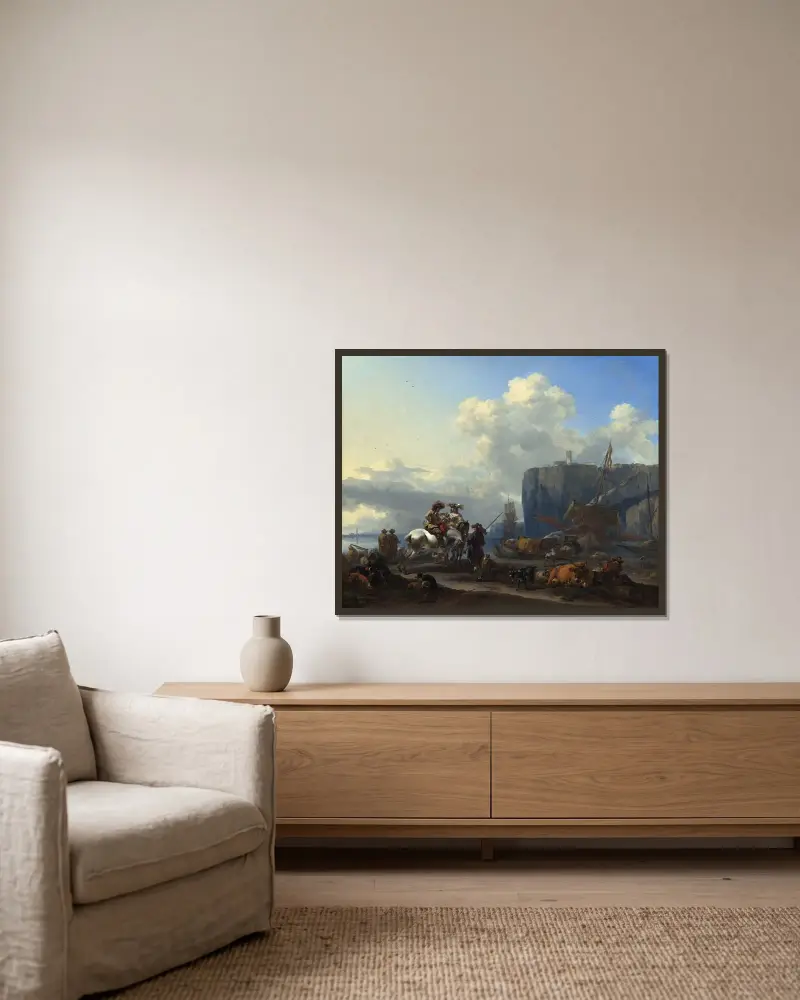 Utsikt över en italiensk hamn av Nicolaes Pietersz. Berchem inramad på en vägg