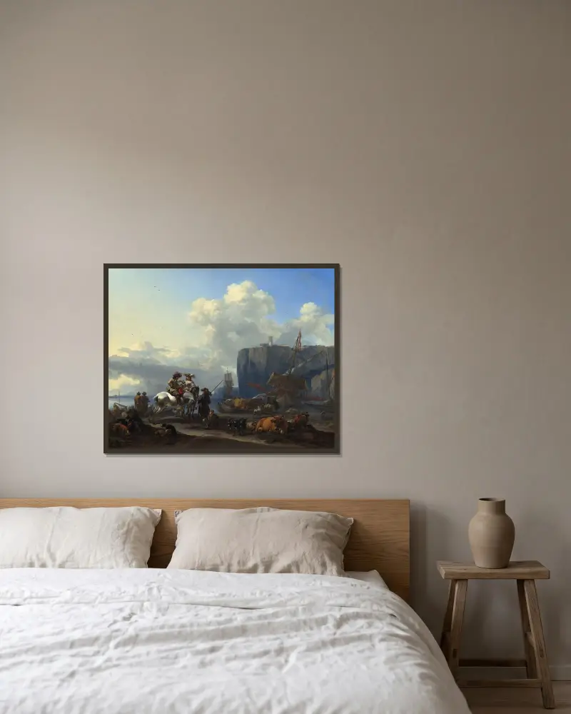 Utsikt över en italiensk hamn av Nicolaes Pietersz. Berchem inramad på en vägg
