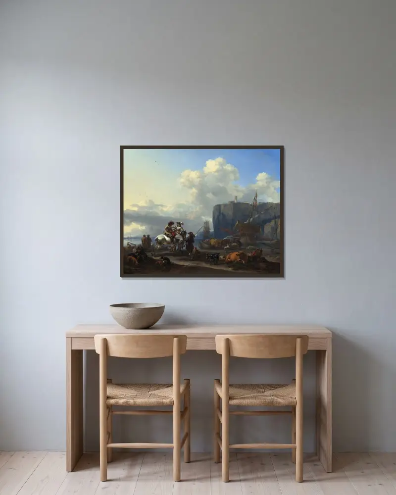 Utsikt över en italiensk hamn av Nicolaes Pietersz. Berchem inramad på en vägg