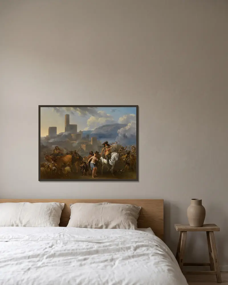Kriegszeit von Nicolaes Pietersz. Berchem gerahmt an einer Wand