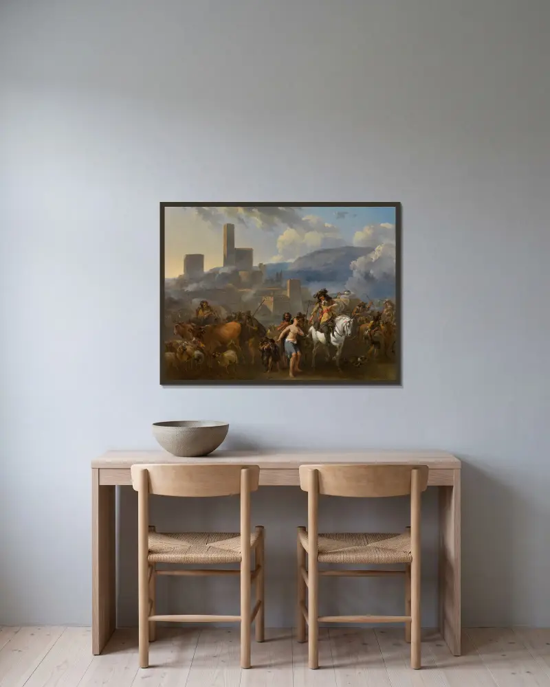 Kriegszeit von Nicolaes Pietersz. Berchem gerahmt an einer Wand