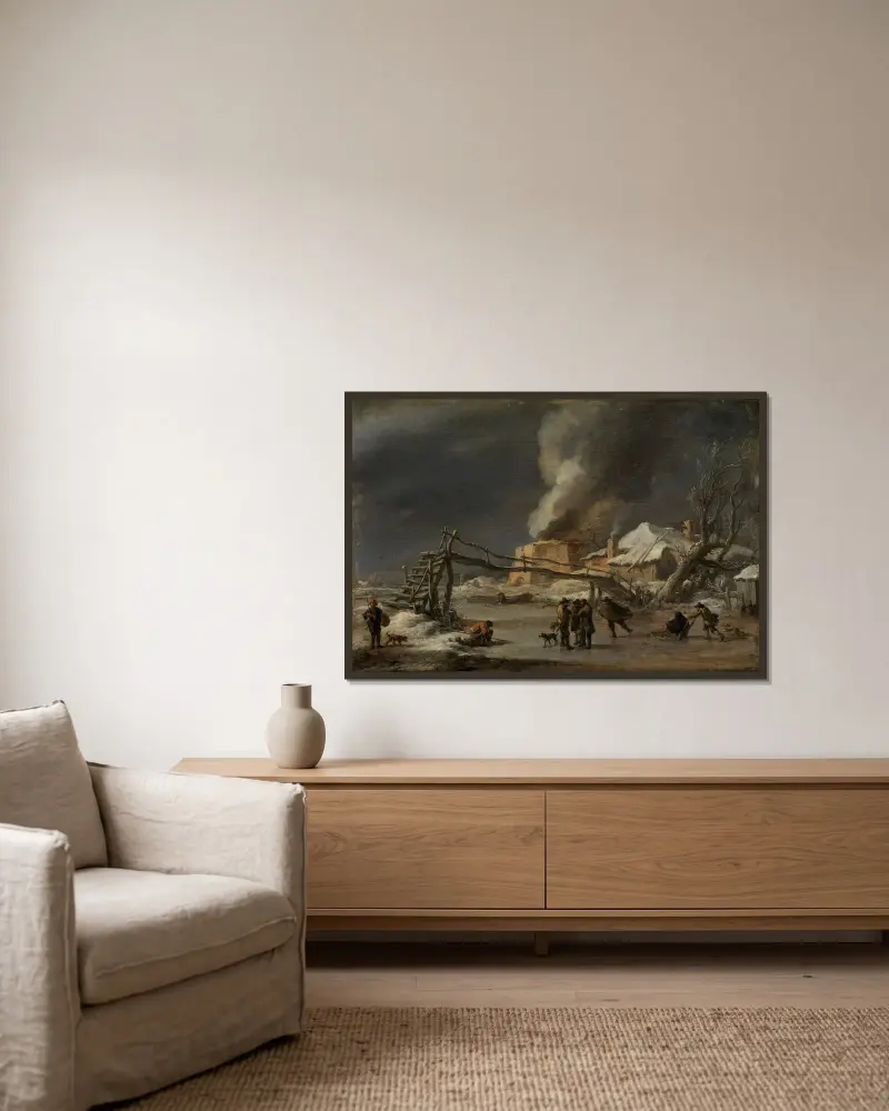 Vinterlandskap med kalkugn av Nicolaes Pietersz. Berchem inramad på en vägg