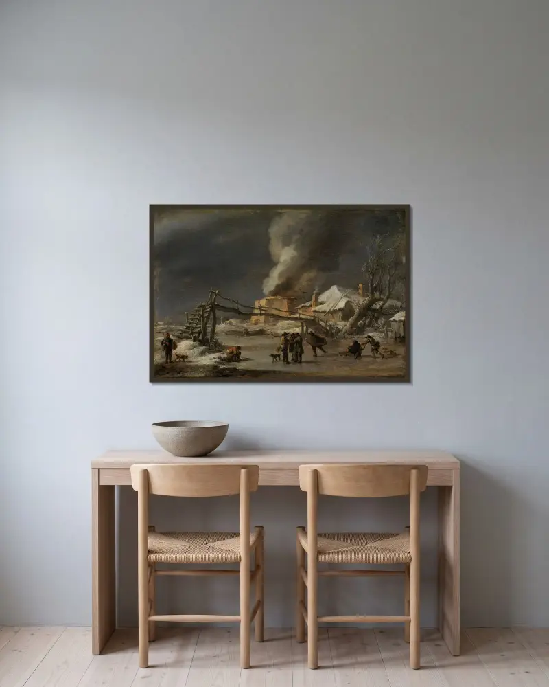 Vinterlandskap med kalkugn av Nicolaes Pietersz. Berchem inramad på en vägg