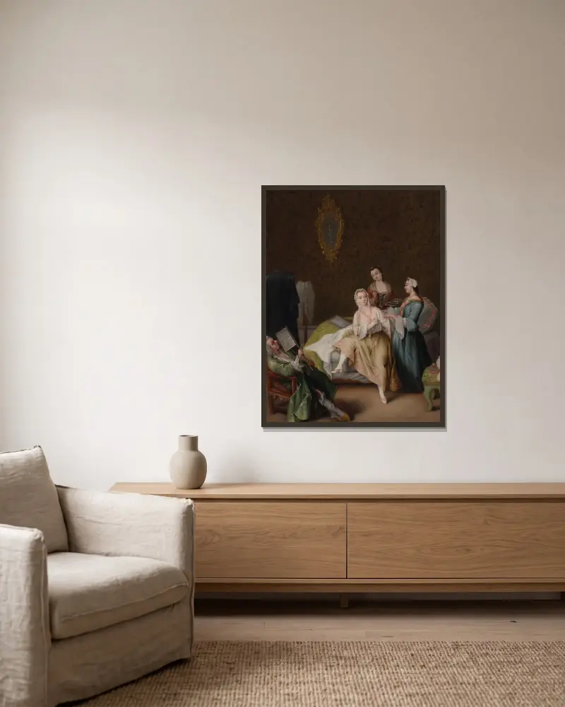 Il risveglio della dama (The waking of the lady) av Pietro Longhi inramad på en vägg