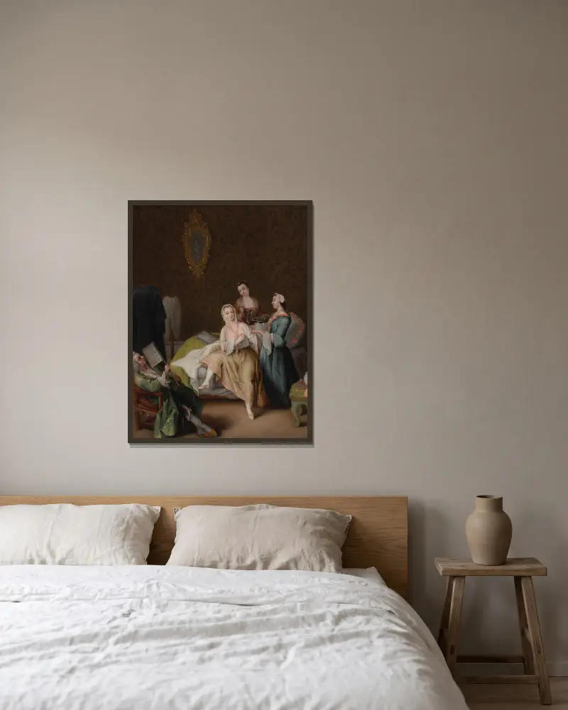 Il risveglio della dama (The waking of the lady) av Pietro Longhi inramad på en vägg