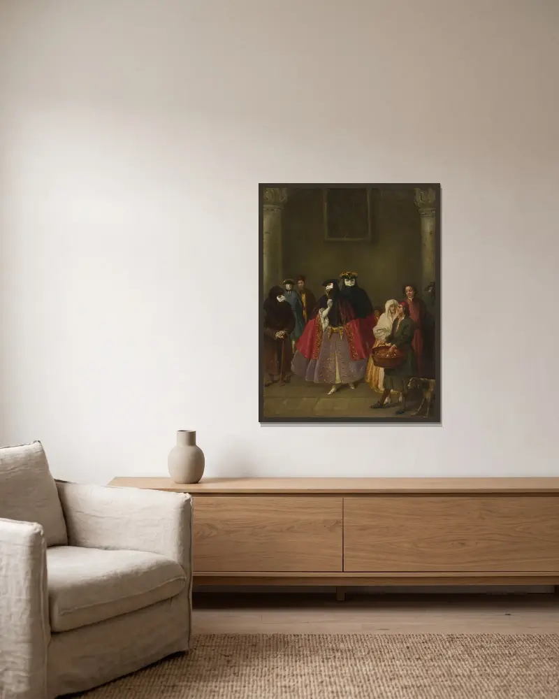 Meeting of the Dominoes av Pietro Longhi inramad på en vägg