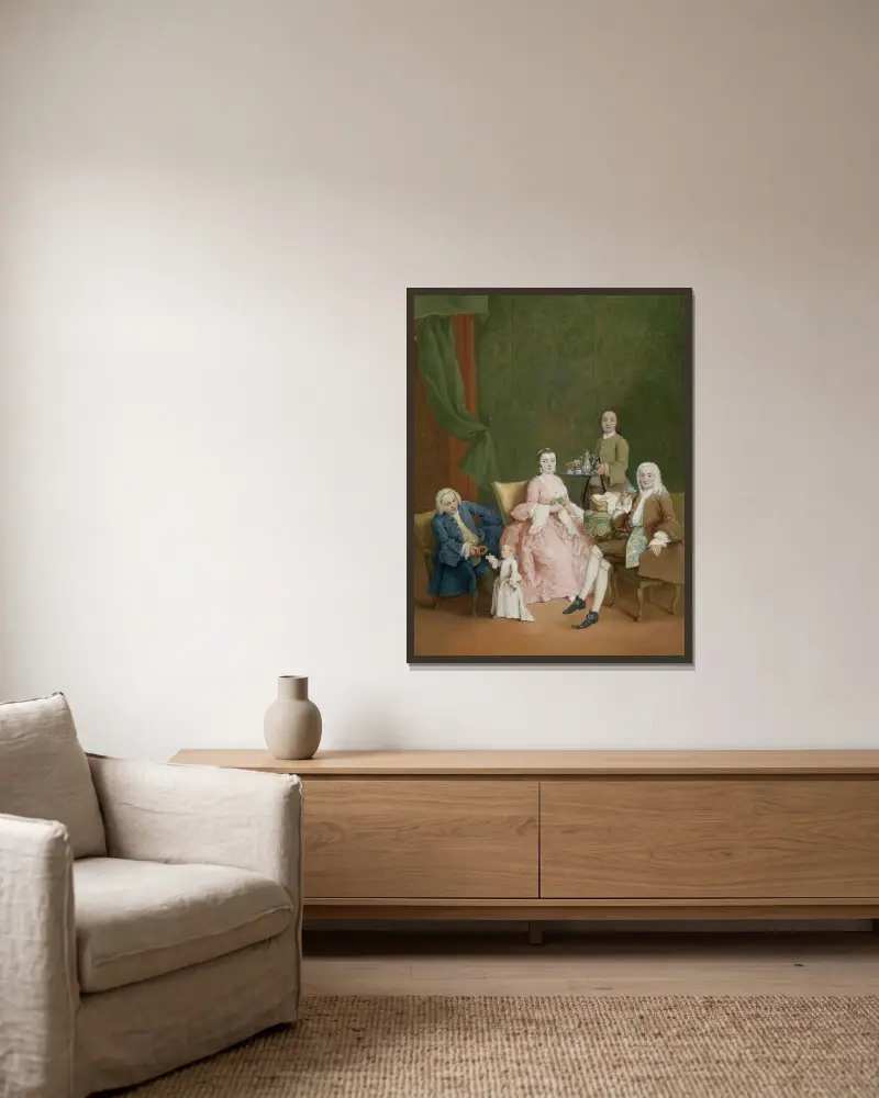Portrait of a Venetian Family with a Manservant Serving Coffee av Pietro Longhi inramad på en vägg