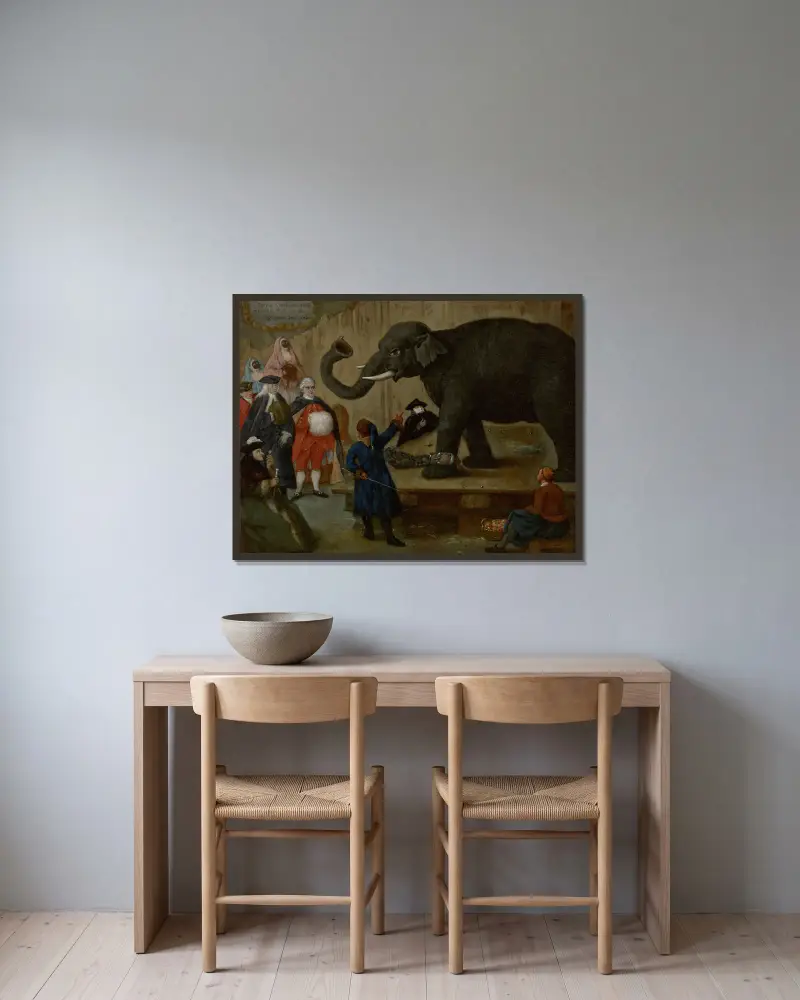 Elefantens uppvisning av Pietro Longhi inramad på en vägg